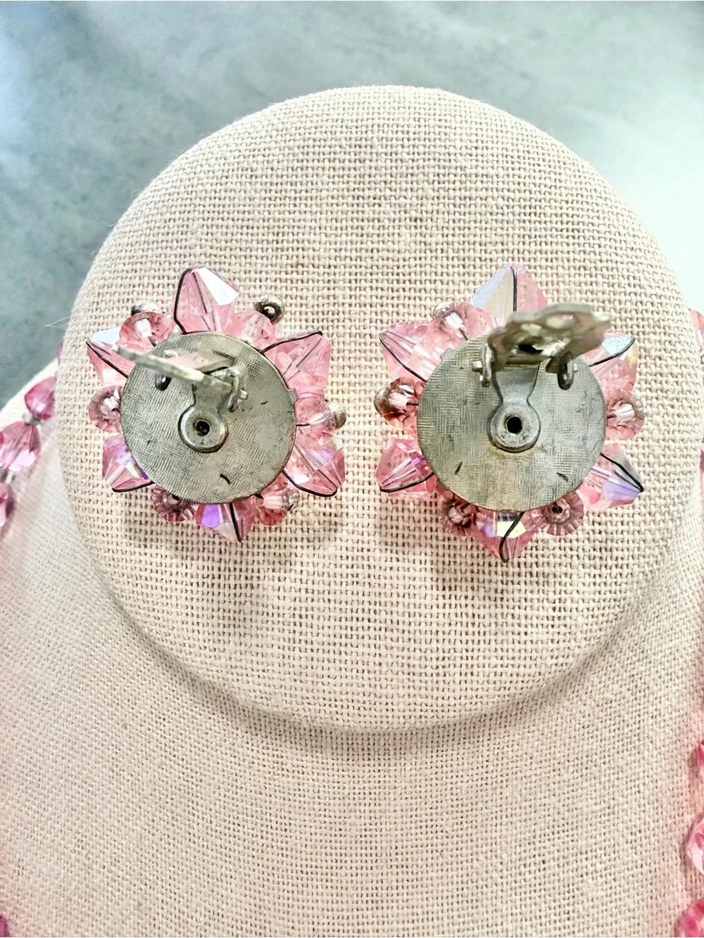 Vintage Pink Crystal Necklace And Clip On Earrings Set Aurora Borealis Faceted